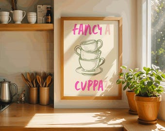 Fancy a Cuppa-poster – kunst aan de muur theeliefhebber – eigenzinnig keukendecor – Britse theeprint – leuke illustratie voor theeliefhebbers