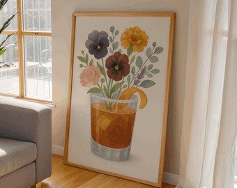 Old Fashioned Cocktail Wall Art – Floral Whiskey Print – Botanical Bar Poster – Fun Kitchen & Dining Decor – Gift for Cocktail Lovers