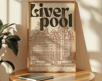 Lámina de arte mural de Liverpool: póster de arquitectura vintage, ilustración retro del horizonte de la ciudad, decoración minimalista de viaje, regalo para los amantes de Liverpool.