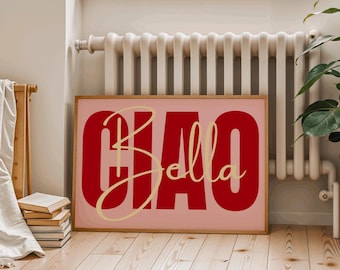 Ciao Bella Wall Art – Italian Quote Poster, Modern Typography Print, Red and Pink Decor, Romantic Gift for Her