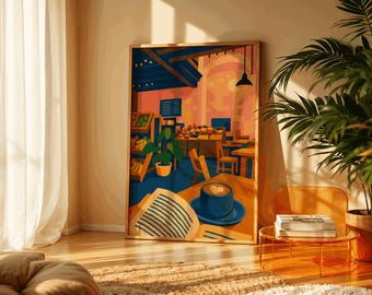 Cozy Coffee Shop Wall Art – Warm Café Illustration Print – Book and Coffee Poster – Aesthetic Cafe Decor – Reading Lover Gift