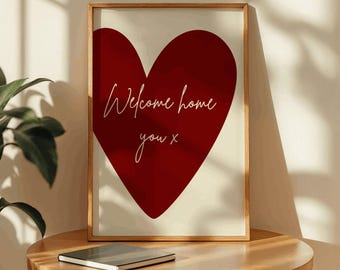Welcome Home You X Wall Art Print – Modern Heart Typography Poster, Red Minimalist Home Decor, Cozy Entryway Quote Gift