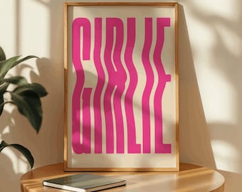 Girlie Poster – Retro Pink Wavy Typography Wall Art – Feminine Aesthetic Print – 70s Style Graphic Art for Bedroom, Dorm or Office Decor