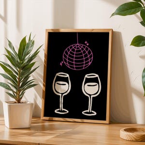Disco Ball and Wine Poster – Fun Party Wall Art – Wine Lovers Print – Retro Nightlife Artwork for Bar, Kitchen, or Living Room