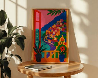 Amalfi Coast Wall Art – Henri Matisse Style Colourful Painting – Positano Window View – Mediterranean Coastal Travel Poster – Italy Print