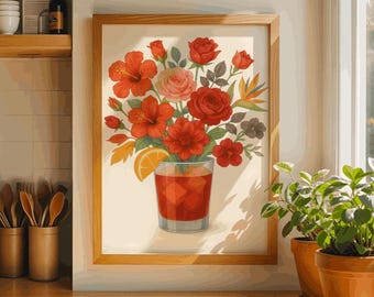 Negroni Cocktail Wall Art – Floral Drink Print – Botanical Bar Poster – Fun Kitchen & Dining Decor – Gift for Cocktail Lovers