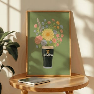 Guinness Beer Glass with Flowers – Quirky Watercolour Wall Art – Irish Pub Decor – Beer Lover Gift – Botanical Beer Print