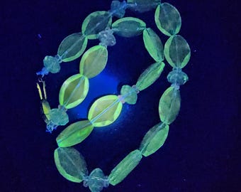 Art Deco Czech Uranium Glass Necklace: Gold Clasp, Aurora Borealis Beads
