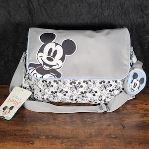 Disney Mickey Mouse Diaper Bag, Gray & Baby Blue, Changing Pad, Pacifier Holder image 1