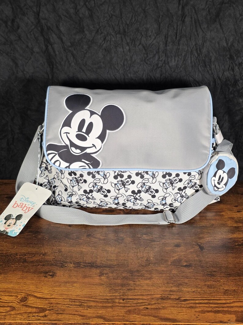 Disney Mickey Mouse Diaper Bag, Gray & Baby Blue, Changing Pad, Pacifier Holder image 1