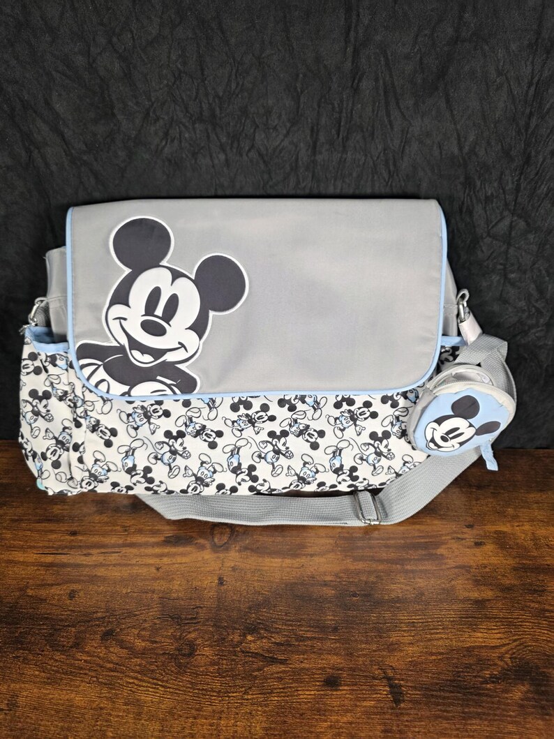 Disney Mickey Mouse Diaper Bag, Gray & Baby Blue, Changing Pad, Pacifier Holder image 8