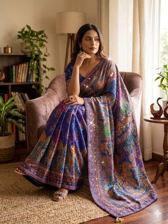 Soft Chinnon Printed Saree with Real Mirror Work | Festive Wedding Party Wear