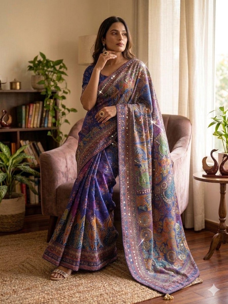 May include: A deep blue saree featuring a multi-colored paisley and floral pattern throughout the fabric. The garment is adorned with a wide border embellished with reflective circular mirror work and intricate embroidery along the edges.