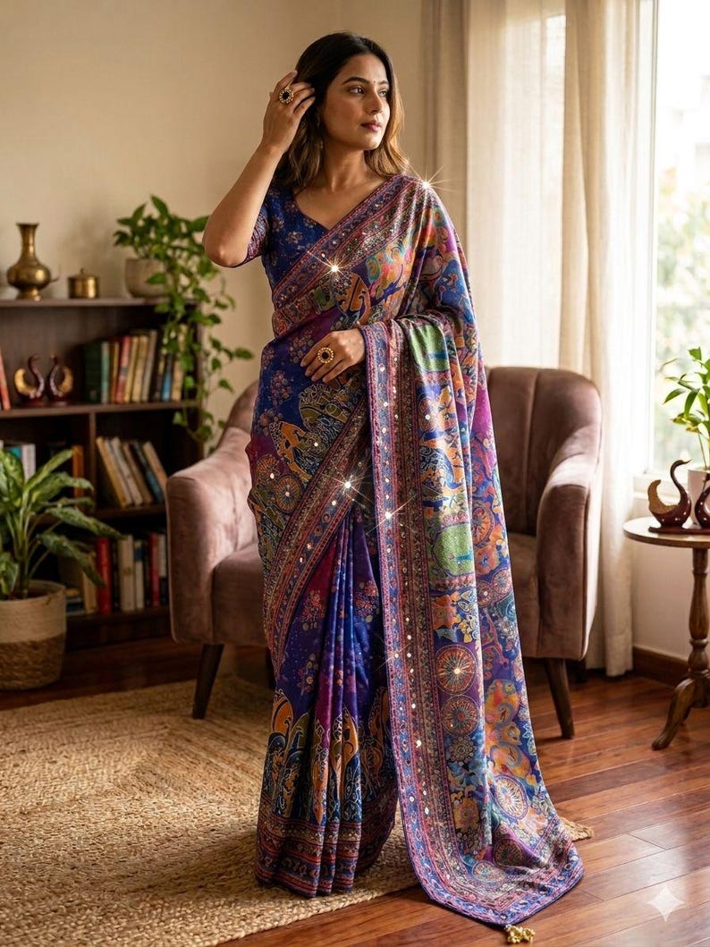 May include: A deep blue saree featuring a vibrant, multi-colored printed pattern of traditional motifs and circular designs. The garment is accented with small, reflective mirror embellishments along the border and throughout the fabric.