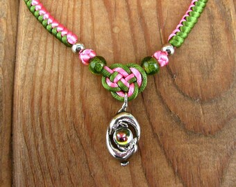 Green and Pink Dolphin Pendant Necklace Knotted Satin Cording 20”