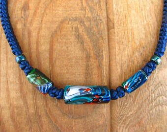 Satin Cording Necklace Dark Blue Knotted and Braided with Glass Mosaic Beads 19”