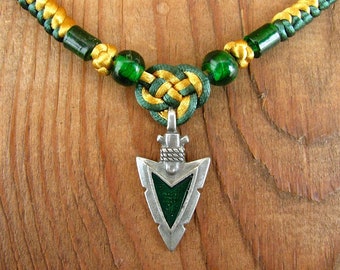 Green and Gold Arrowhead Pendant Necklace Knotted Satin Cording 20”