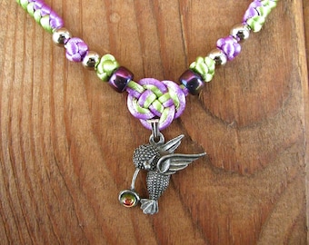 Green and Purple Hummingbird Pendant Necklace Knotted Satin Cording 21”