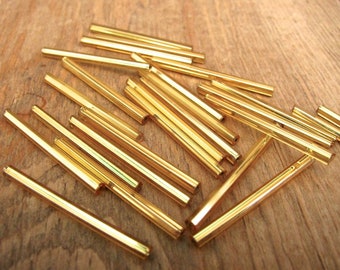 Vintage 30mm Glass Bugle Beads, Silver Lined Gold Color, 25 Pieces