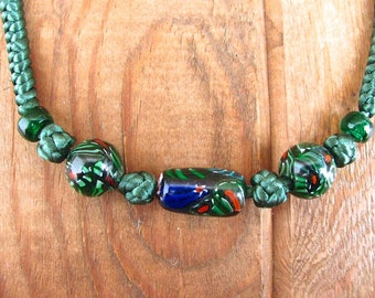 Satin Cording Necklace Dark Green Knotted and Braided with Glass Mosaic Beads 19”