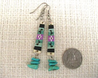 Porcupine Quilled Earrings Turquoise and Black with Turquoise Chip Drops 3-inch