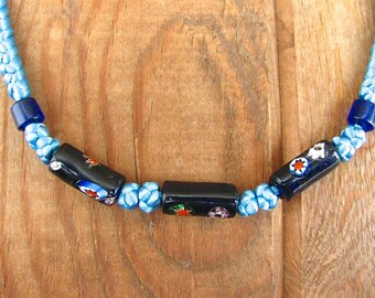 Satin Cording Necklace Light Blue Knotted and Braided with Glass Mosaic Beads 19”