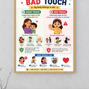 May include: Educational poster framed in wood, titled "Good Touch vs. Bad Touch." It illustrates safe and unsafe touch, with examples and advice. The text reads "My Body Belongs to Me!" and "I AM SMART. I AM SAFE. I CAN SPEAK UP!"