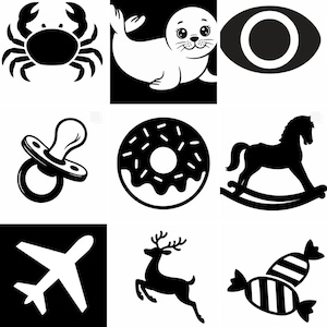 Peut inclure: Ensemble d'illustrations en noir et blanc représentant divers objets. On y trouve un escargot, un train, un poussin, un crabe, un phoque, un œil, une sucette, un beignet, un cheval à bascule, un avion, un cerf, des bonbons, des cerises, une maison et une tranche de pastèque.