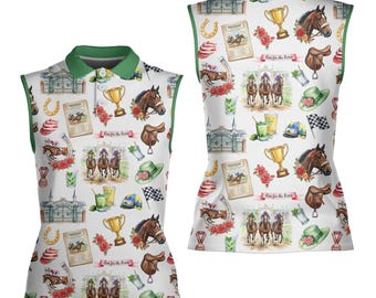 Kentucky Derby Women's Sleeveless Golf Polo, Run for the Roses Horse Racing Shirt, Equestrian Country Club Polo, Derby Day Golf Outfit
