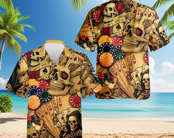 Skull Poker Hawaiian Shirt, Gambling Casino Cards Aloha Shirt, Poker Chips Skull Art Shirt, Lucky Cards Vegas Style Shirt for Men