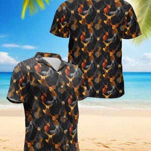 May include: Black button-down shirt with a repeating pattern of deer heads in shades of brown, orange, and gray. The short-sleeved shirt is displayed with a matching shirt, both against a beach background.