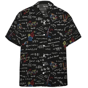 May include: A black short-sleeve button-down shirt featuring an all-over print of white mathematical formulas, equations, and colorful geometric graphs in red, yellow, and blue. The design includes various calculus and trigonometry notations.