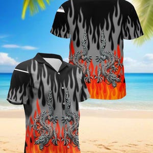 Dragon Flame Hawaiian Shirt, Fire Dragon Aloha Shirt, Gothic Dragon Shirt, Fantasy Dragon Shirt, Cool Flame Shirt