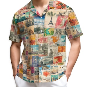 Vintage Travel Hawaiian Shirt, Postage Stamp Shirt, Retro World Landmark Shirt, Travel Lover Hawaiian Shirt, Summer Vacation Button Down