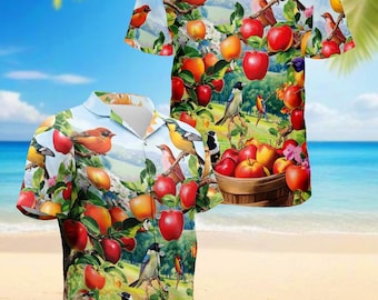 Bird and Apple Hawaiian Shirt, Tropical Fruit Shirt, Nature Shirt, Vacation Shirt, Summer Shirt, Colorful Hawaiian Shirt
