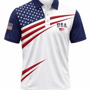 May include: White polo shirt featuring a patriotic design with the American flag. The shirt has a navy blue collar and sleeves, with the flag's stars and stripes incorporated into the design. The word "USA" is printed on the front.