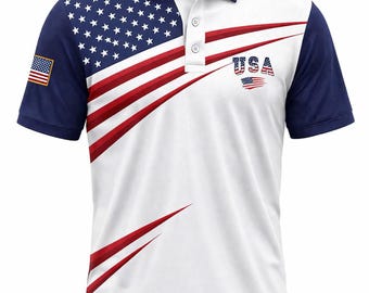 Polo de golf con la bandera de EE. UU. para hombre, polo patriótico, camisa con la bandera estadounidense, polo de golf para el 4 de julio, regalo de polo de EE. UU. para hombre