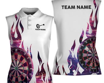 Benutzerdefiniertes ärmelloses Poloshirt, Dartscheibe & Flammen-Design, personalisierter Name und Teamname, weißes Sport-Golf-Oberteil