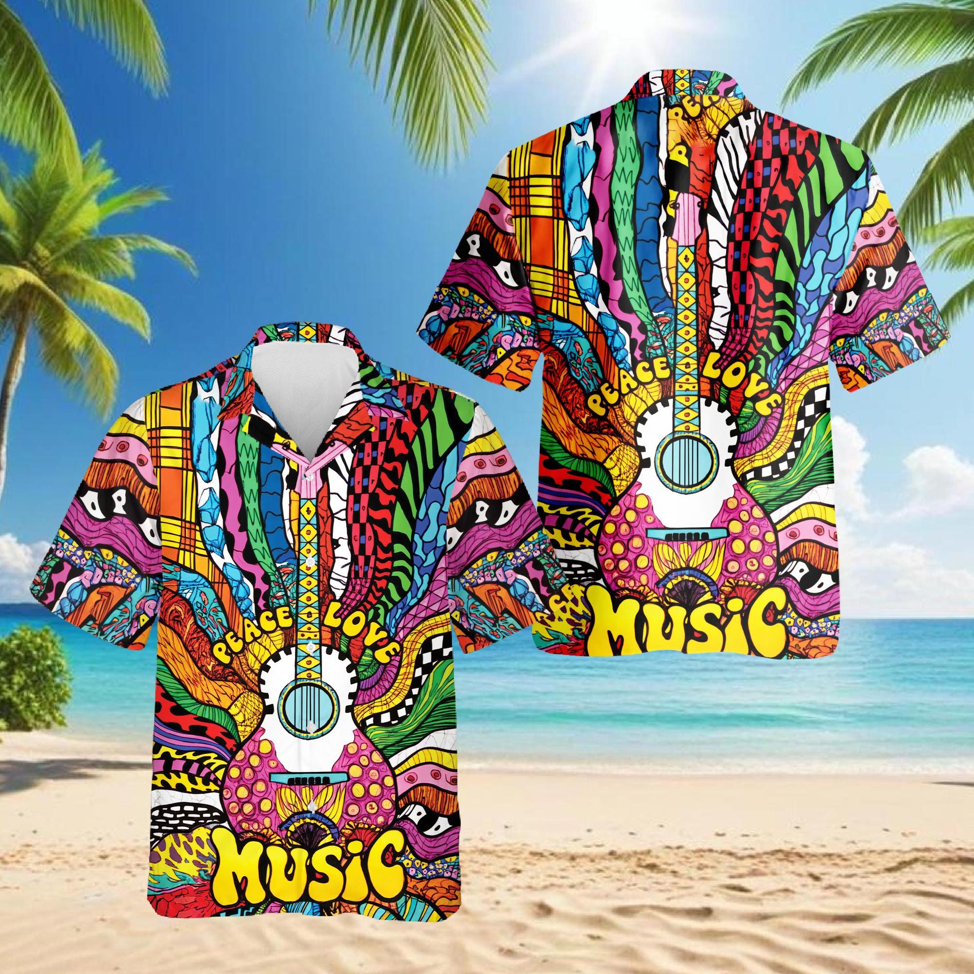 Peace Love Music Hawaiian Shirt, Psychedelic Guitar Aloha Shirt