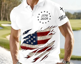 Polo da uomo con bandiera USA 1776 2026, maglietta da golf patriottica, polo con bandiera americana per il 4 luglio, regalo per lui per il Giorno dell'Indipendenza