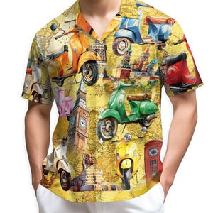 May include: Yellow short-sleeve shirt with a collage of colorful scooters, landmarks, and a world map design. The scooters are in various colors, including orange, blue, green, and yellow. The shirt has a classic collar and a relaxed fit.