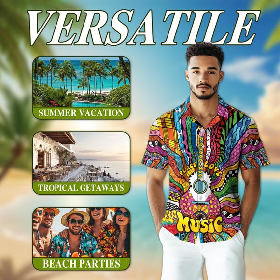 Peace Love Music Hawaiian Shirt, Psychedelic Guitar Aloha Shirt