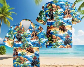 Cowboy Bull Riding Hawaiian Shirt for Men | Western Rodeo Beach Aloha Shirt | Tropical Cowboy Print Summer Vacation Outfit