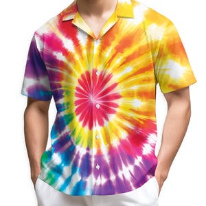 May include: A short-sleeved button-down shirt with a vibrant tie-dye pattern in a spiral design. The shirt features a spectrum of colors, including yellow, orange, red, pink, purple, blue, and green. The shirt has a classic collar and white buttons.
