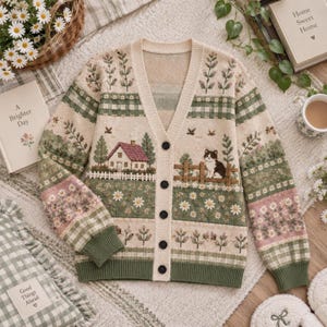 Puede incluir: Un cárdigan beige con cuello en V, cierre de botones y mangas largas, con un patrón tejido que muestra una casa, un gato sentado junto a una valla y motivos florales en tonos verde, rosa y marrón, con puños y dobladillo acanalados.