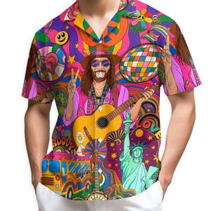 May include: Short-sleeved button-down shirt with a vibrant psychedelic design. The shirt features a colorful illustration of a man playing a guitar, a peace sign, a disco ball, and the Statue of Liberty. The shirt's color palette includes pink, purple, yellow, and green.