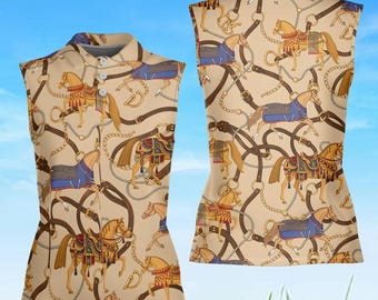 Equestrian Horse Women’s Sleeveless Golf Polo, Luxury Riding Horse Shirt, Country Club Polo Top, Horse Lover Summer Golf Outfit