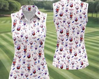 Women’s Sleeveless Patriotic Polo Shirt, Red White Blue Wine & Fireworks Print, Fun 4th of July Golf Top, Casual Summer Party Shirt