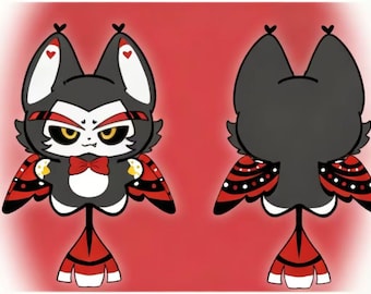 May include: Illustration of a cartoon character with a black body, white face, and red accents. The character has large ears with hearts, a red bow tie, and red and black patterned wings. The background is red.