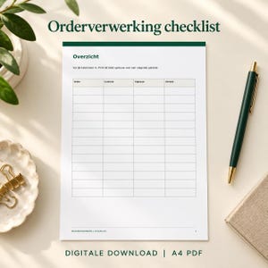 May include: A white A4 paper order processing checklist with a dark green header. The document features a table with columns labelled Order, Controle, Eigenaar, and Gereed. The text includes Orderverwerking checklist, Overzicht, and SEIZOENSVOORDEEL | SV-006-101.